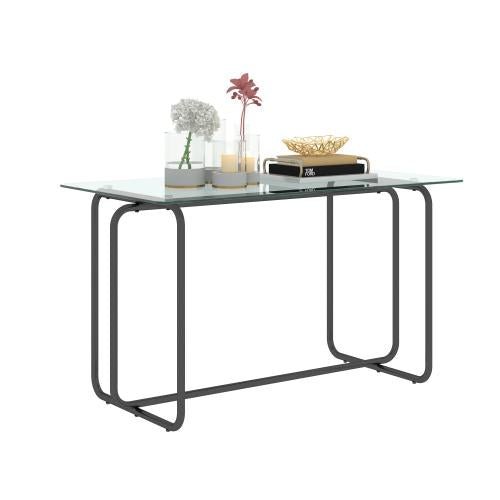 1 piece black rectangle tempered glass dining table with metal frame assembled and extendable for dinner for kitchen use