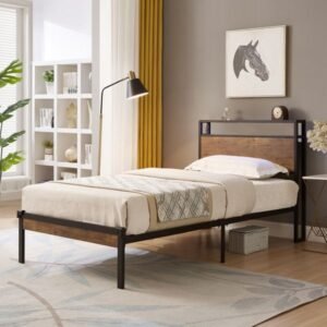 twin size metal platform bed frame with wooden headboard footboard usb charging liner no box spring needed easy assembly storage