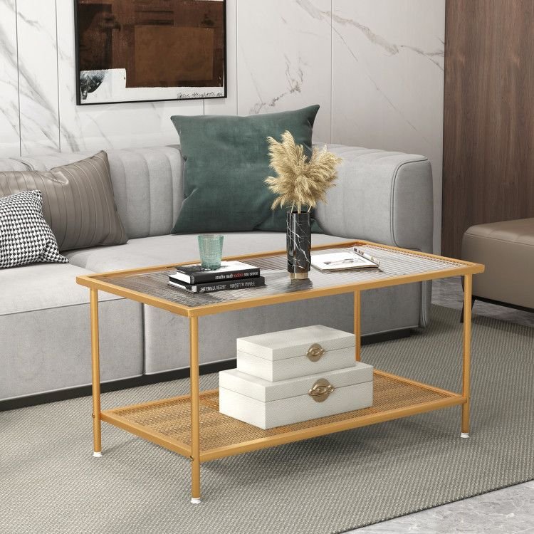2 tier coffee table with tempered glass top and shelf for tea & beverage serving