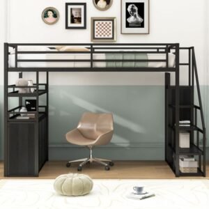 black full size metal loft bed with storage staircase wardrobe shelves lockers