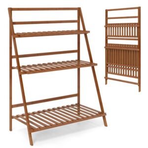 3 tier bamboo ladder shelf foldable bookcase for plants and flowers