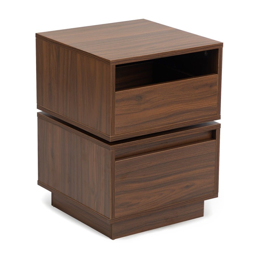 rotatable nightstand end table, bedside table with 2 drawers, 2 drawer dresser for bedroom, walnut