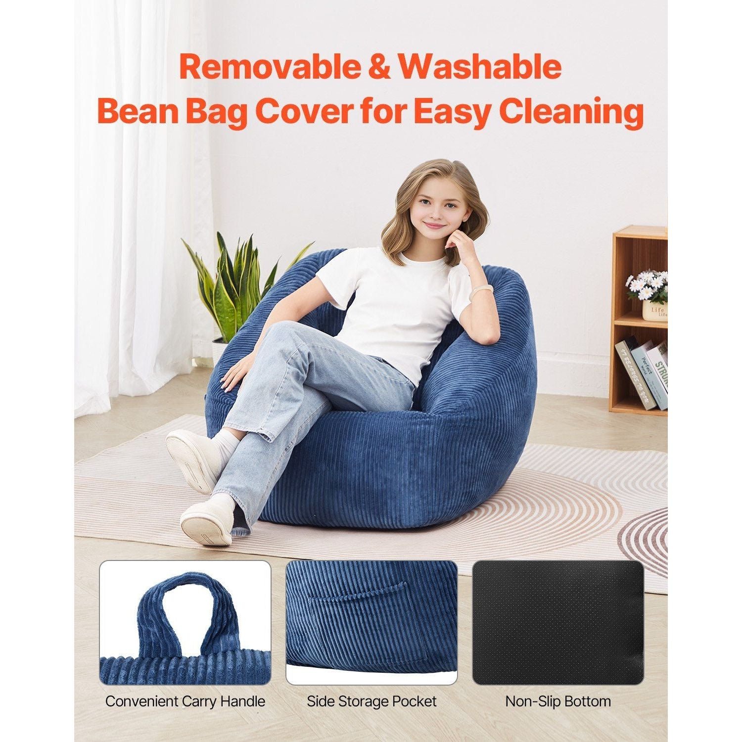 3 feet bean bag chair with soft teddy velvet cover 25d memory foam storage pocket soft armrests blue for bedroom playroom