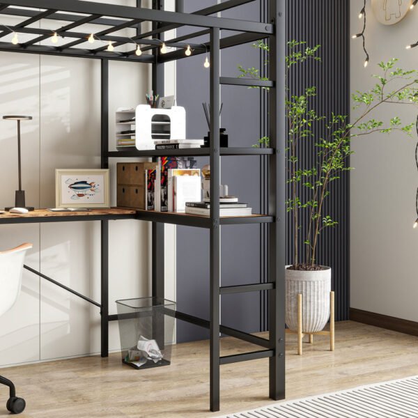twin size loft bed with l shaped desk and shelves, charging station, led lights, safety guard & ladder, space saving