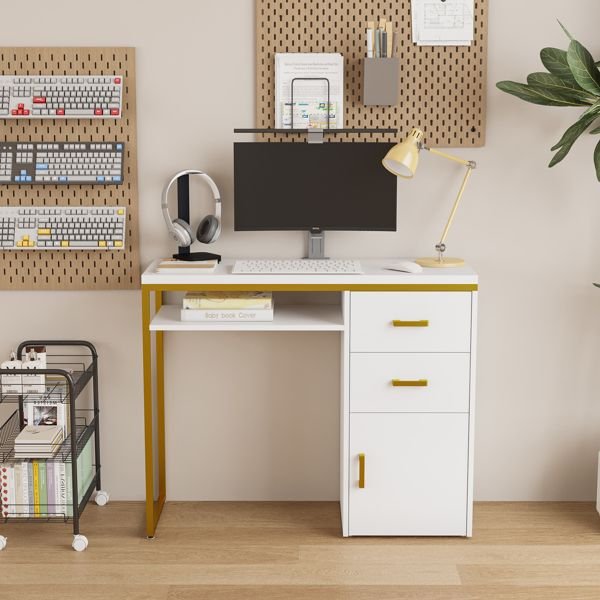 fch 97*35*78cm white particleboard computer desk with 2 drawers and 1 door iron pipe multiple scene suitable