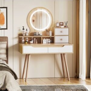 adjustable lighted mirror makeup vanity desk 4 drawers 3 open shelves solid wood table feet small space bedroom dressing table