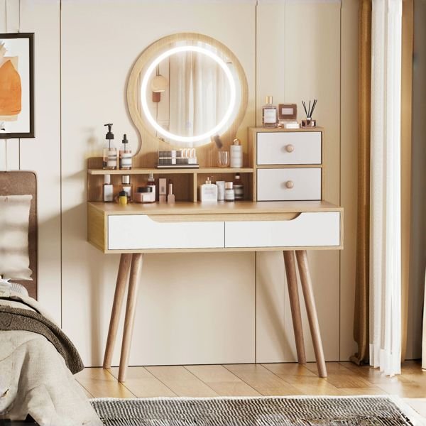 adjustable lighted mirror makeup vanity desk 4 drawers 3 open shelves solid wood table feet small space bedroom dressing table