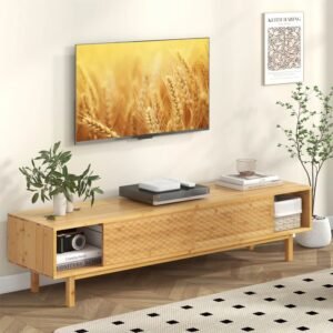 1pc 63 inches mid century modern bamboo tv stand with sliding doors modern tv stand