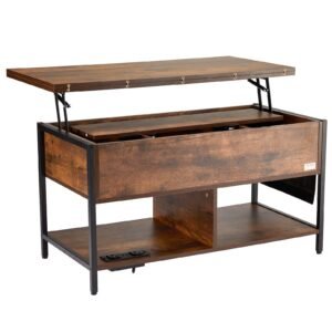 39.4" rectangle lift top coffee table with light & usb port brown
