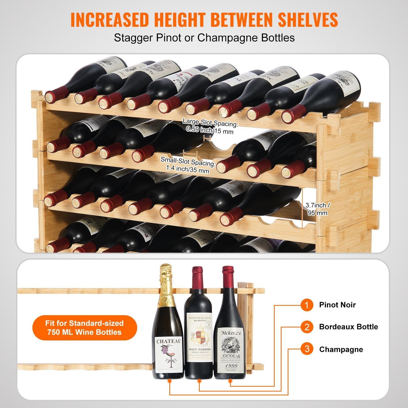 4 tier 36 bottle stackable modular bamboo wood wine rack display shelf