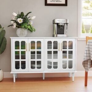 vintage white buffet cabinet 4 lattice glass doors adjustable shelves wooden accent credenza for living display china cabinets