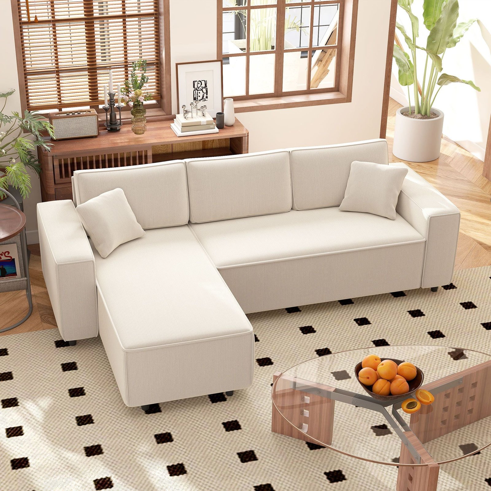 cream white corduroy l shaped sectional sofa with reversible chaise lounge corner corner sofa with pocket spring