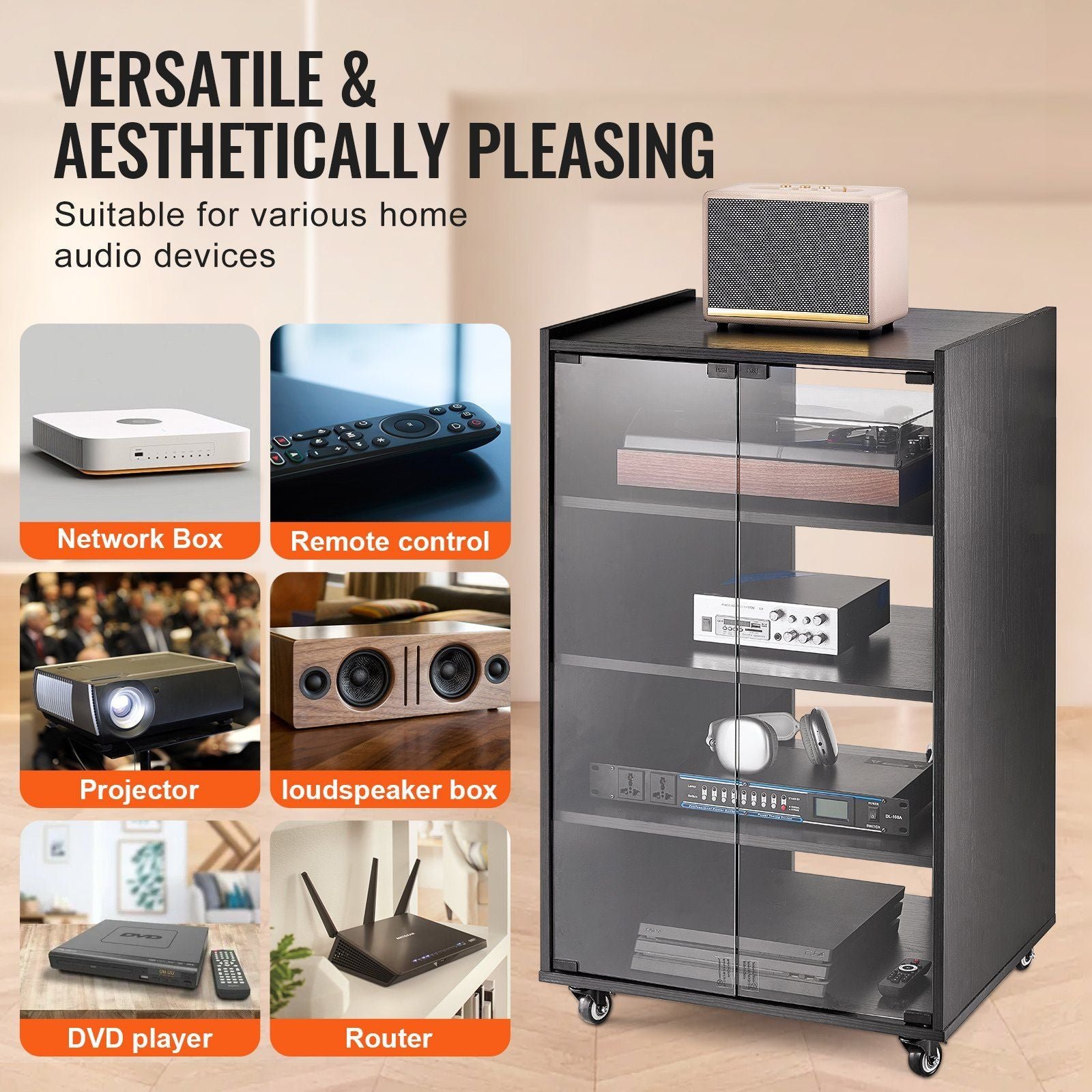 5 tier av media stand wheels black wooden audio video storage cabinet for dvd players cable boxes games consoles
