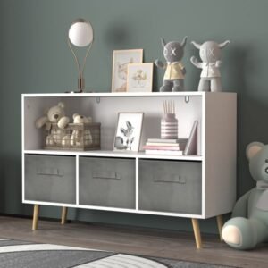 children's bookcase with white + gray collapsible fabric drawers kids book display & toy storage cabinet organizer