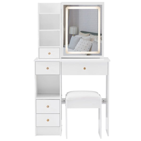 29.2" small size left drawer desktop vanity table + cushioned stool, large sliding, touch control, tri color switching