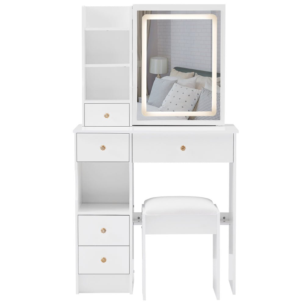 29.2" small size left drawer desktop vanity table + cushioned stool, large sliding, touch control, tri color switching