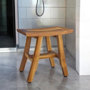 hms 14" natural teak curvilinear shower bench for bathroom bedroom living room kitchen wood shower stool storage