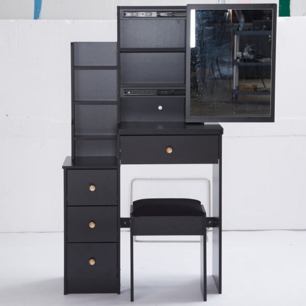 29.2" small space left bedside cabinet vanity table + cushioned stool, extra large right sliding mirror