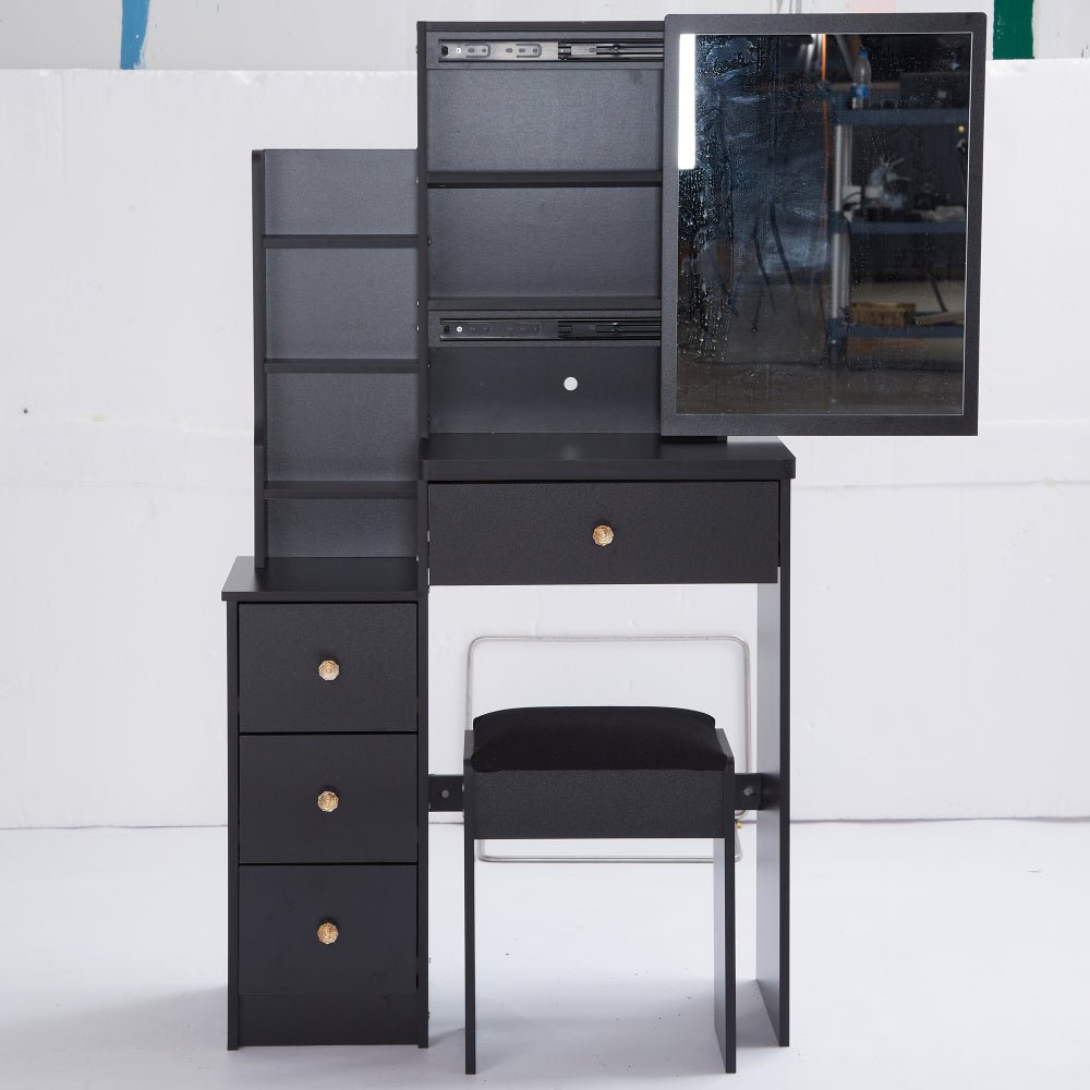 29.2" small space left bedside cabinet vanity table + cushioned stool, extra large right sliding mirror