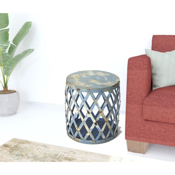 17" rustic blue iron lattice round top end table hms living room furniture