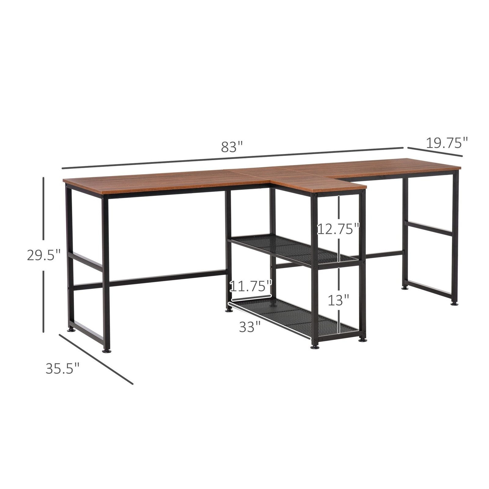 83'' two person dark walnut office desk with storage shelves large computer study writing table for home or office