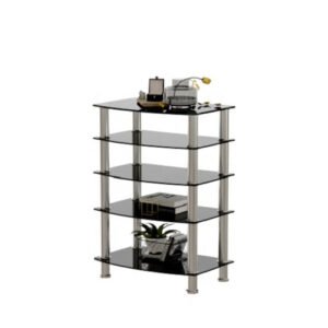 5 tier tempered glass side table stainless steel frame end table for living room, bedroom, black media stand