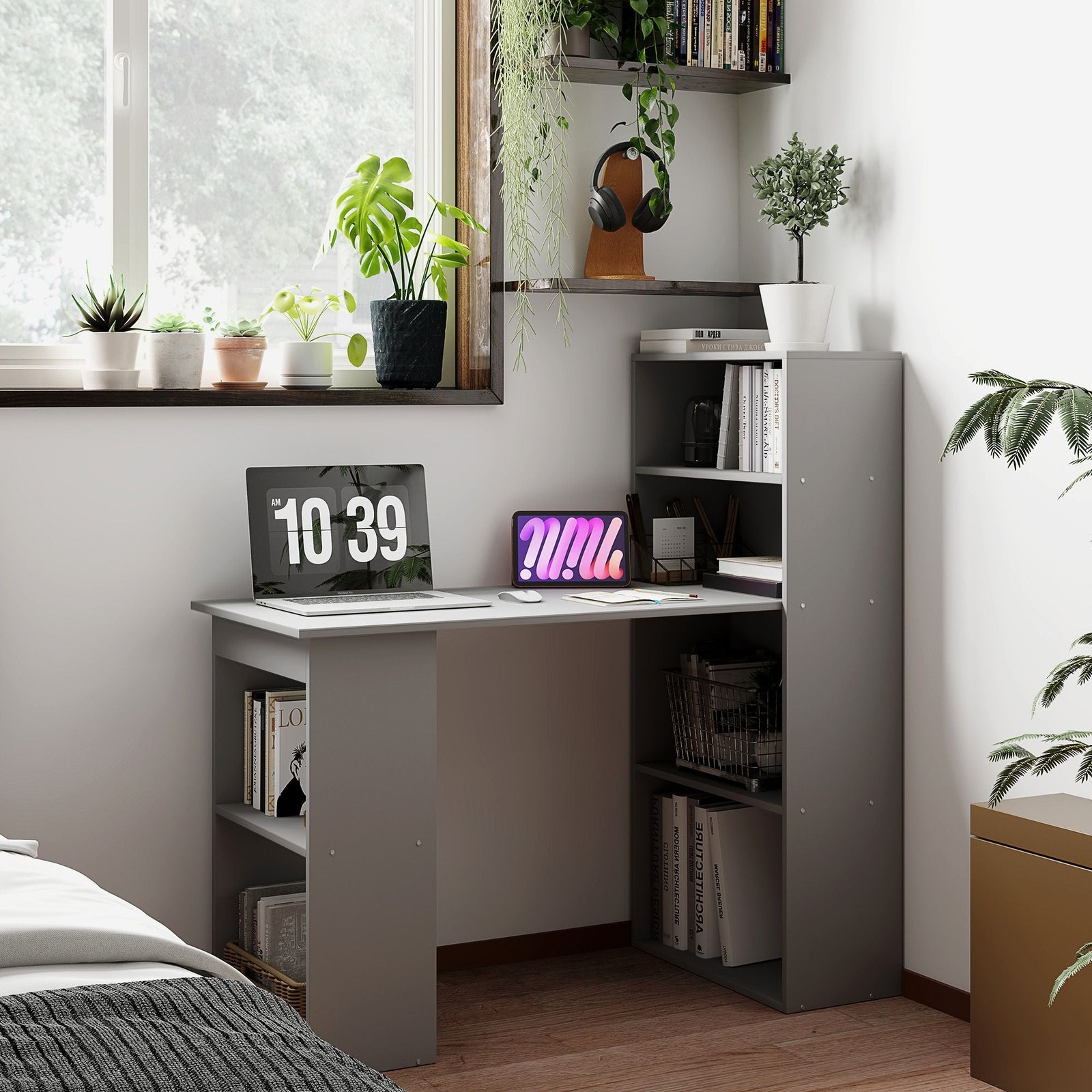 compact gray workstation writing desk with 6 tier storage shelves computer table bookshelf for home office