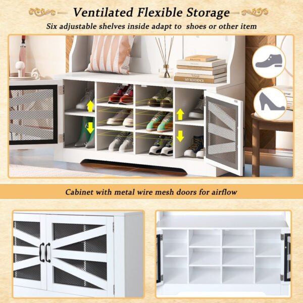 43.3'' entryway bench with coat rack, 3 in 1 design and adjustable shelves, hall tree with 7 hooks for entrance, living room