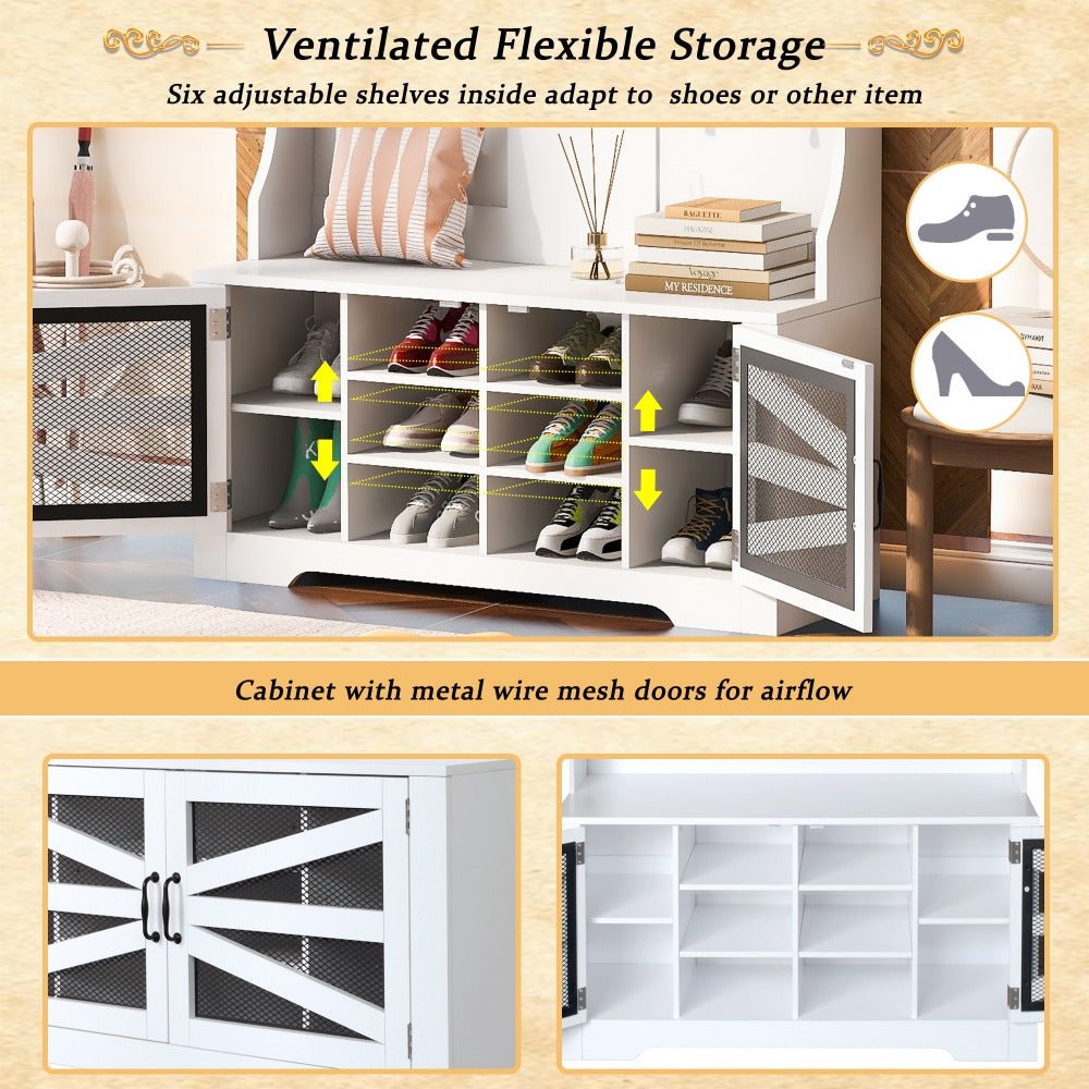 43.3'' entryway bench with coat rack, 3 in 1 design and adjustable shelves, hall tree with 7 hooks for entrance, living room