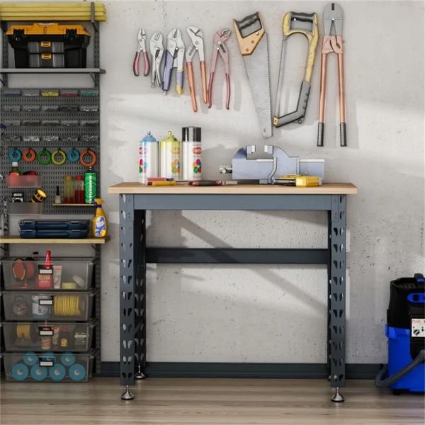 adjustable 45" garage workbench with wood tabletop as a tool table or computer desk