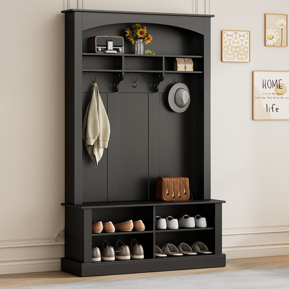 47.2'' wide hall tree with bench and shoe storage, multi functional storage bench with 3 hanging hooks & open storage space