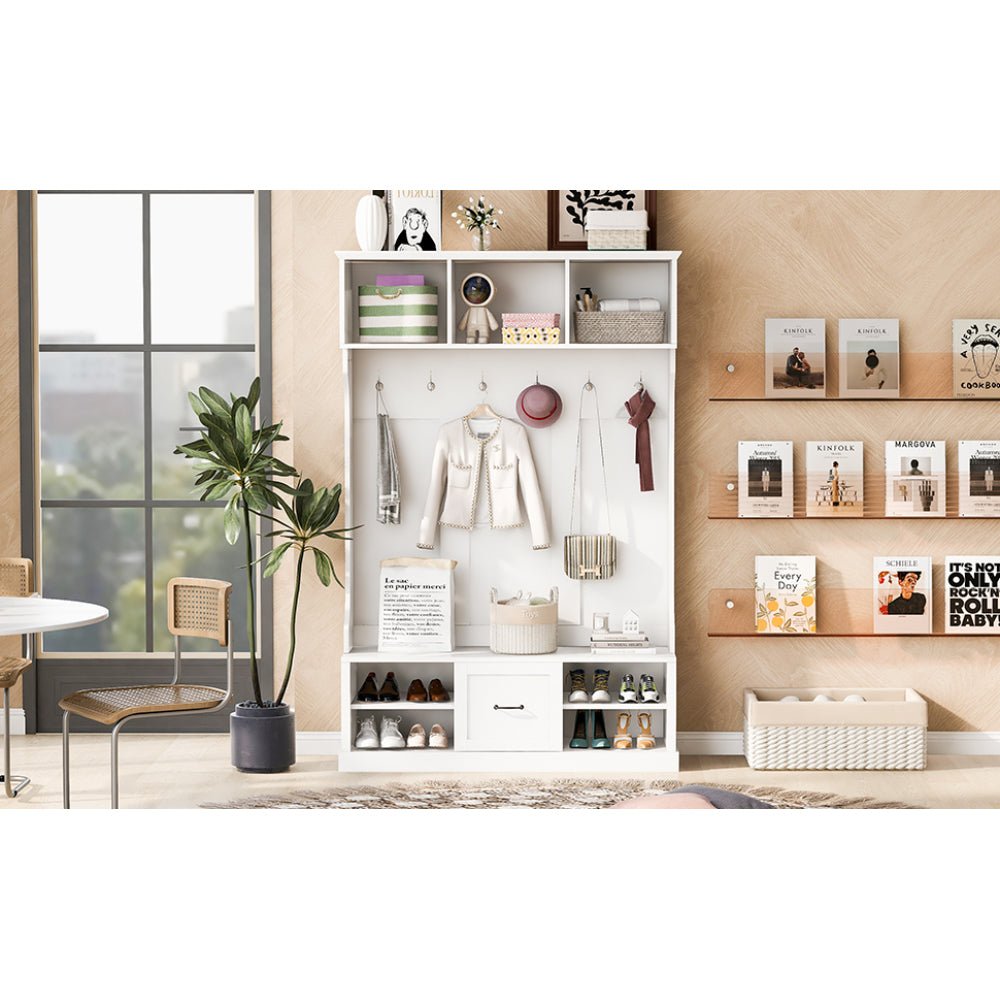 57'' hall tree with 6 hooks, coat hanger, entryway bench, 3 in 1 design, a spacious drawer for entrance, living room