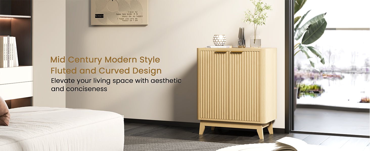 2 door fluted sideboard buffet natural oak aesthetic curved design adjustable shelf entryway console table living room cabinet