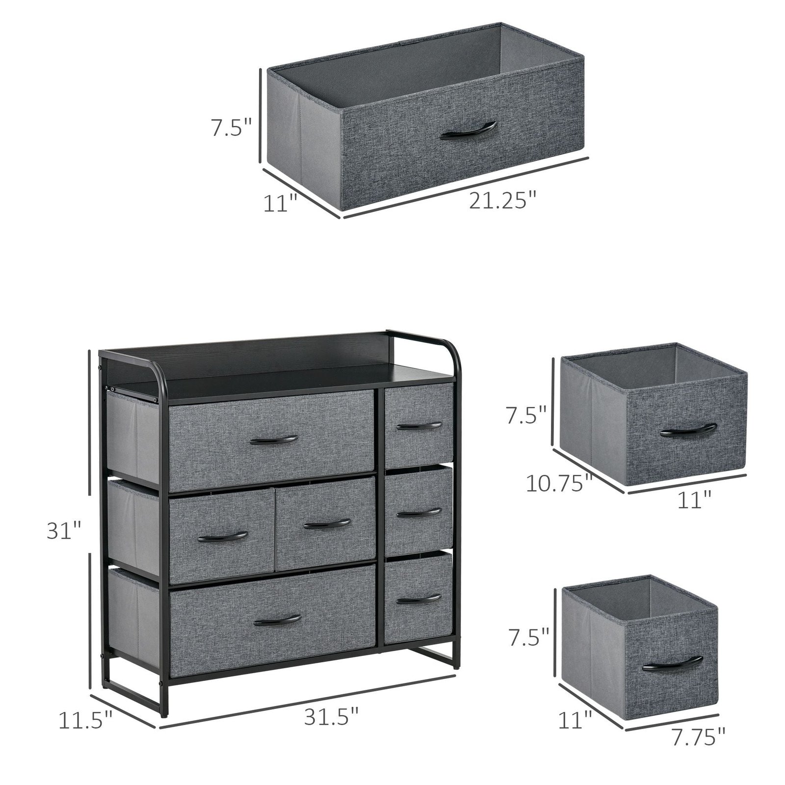 7 drawer gray dresser with steel frame & wooden top fabric chest for bedroom or hallway storage