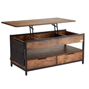 39.4" rectangle lift top coffee table with light & usb port brown