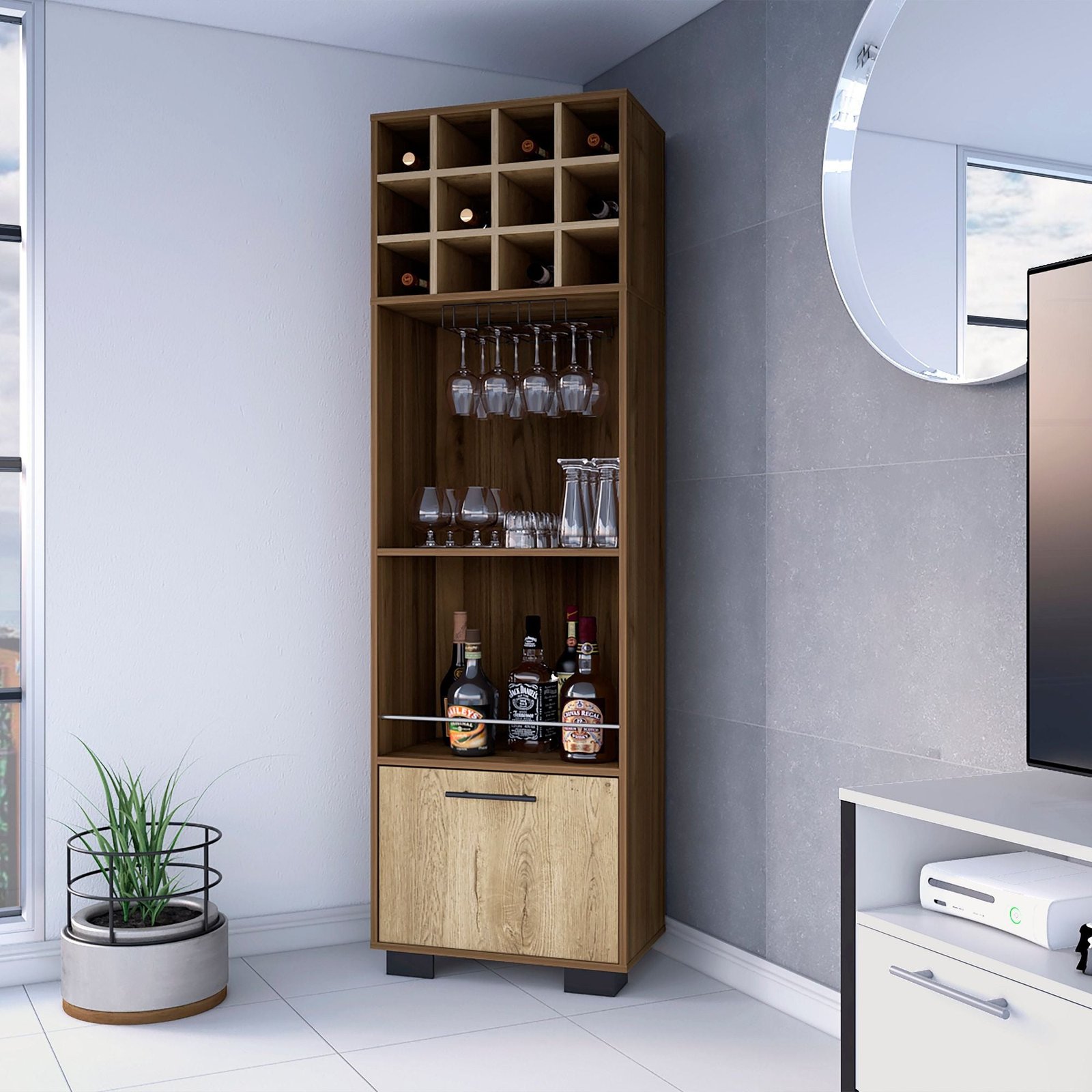 aubree corner bar cabinet with twelve built in wine racks two shelves one flexible drawer