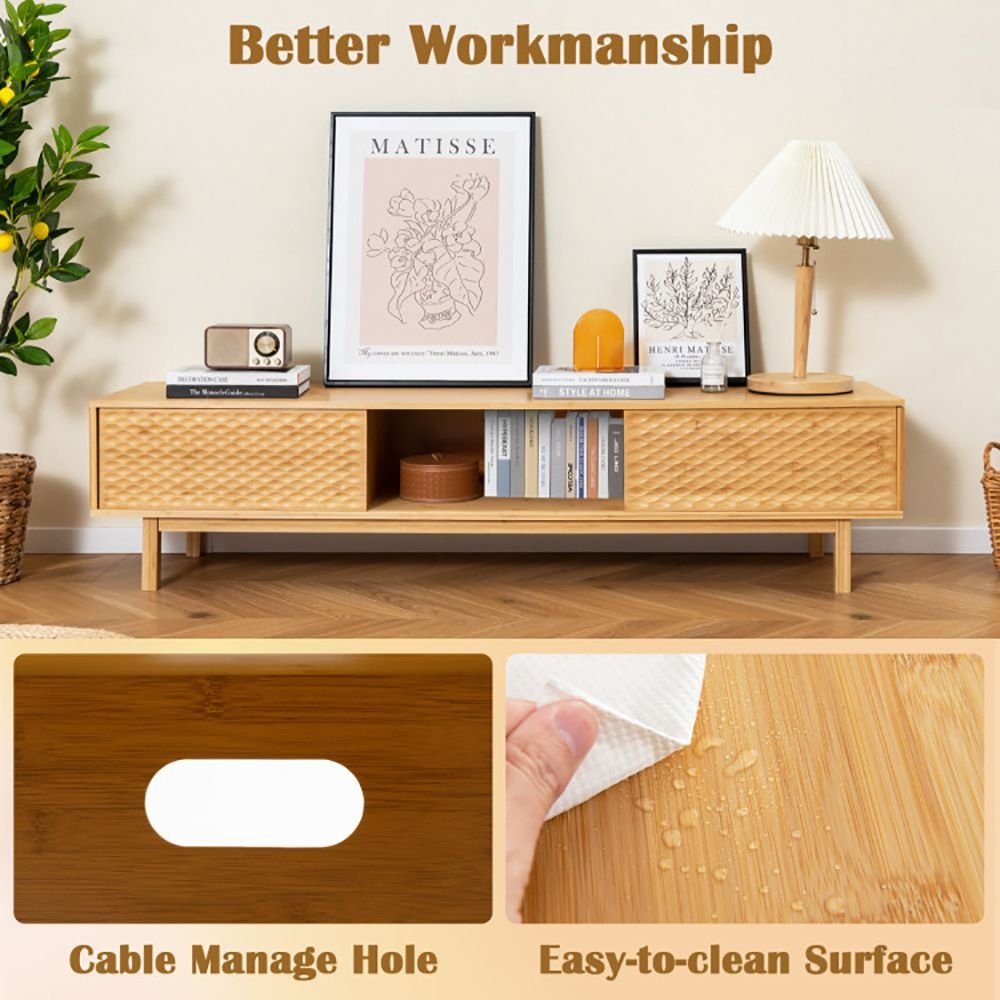 1pc 63 inches mid century modern bamboo tv stand with sliding doors modern tv stand