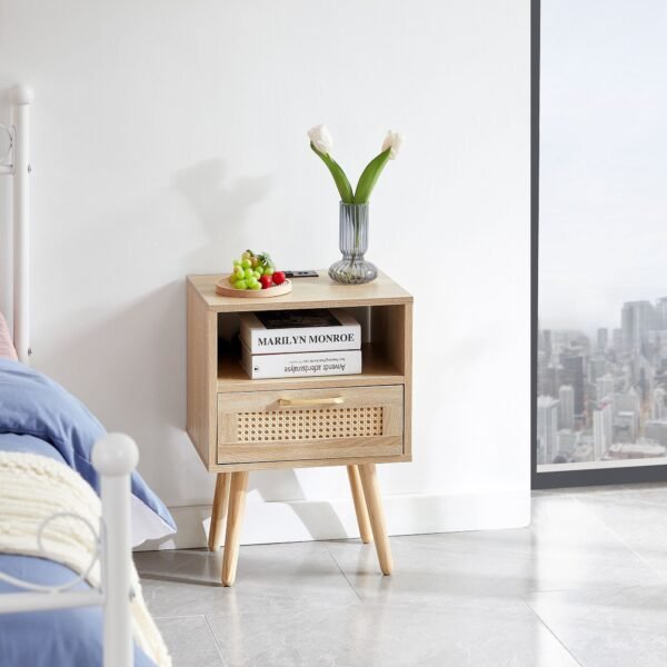 15.75" modern solid wood rattan end table with power outlet usb ports nightstand drawer side table for living room bedroom