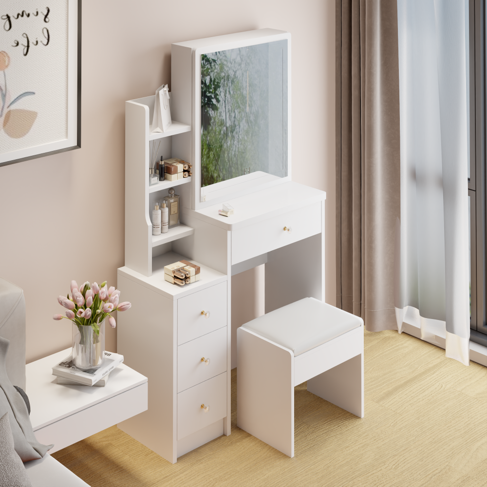 29.2" small space left bedside cabinet vanity table + cushioned stool, extra large right sliding mirror