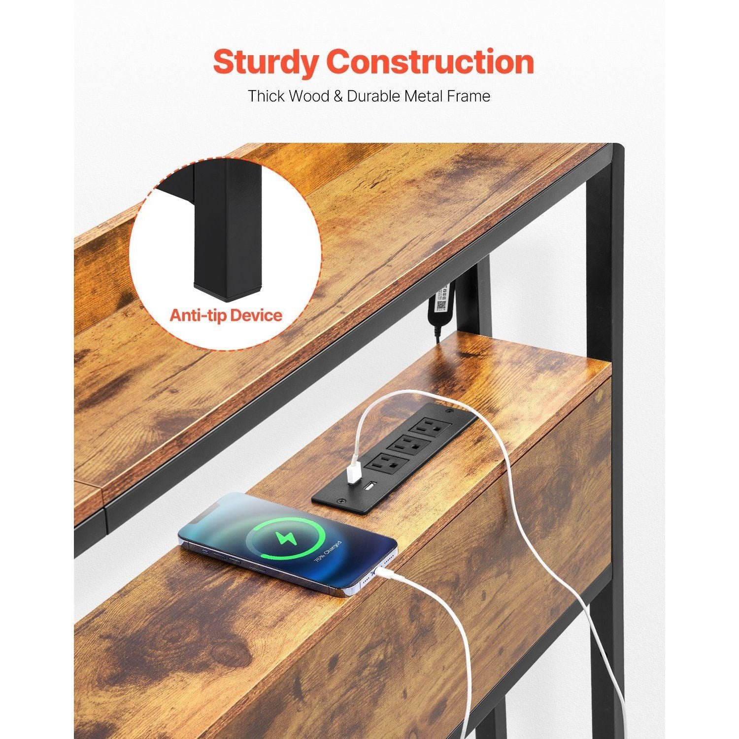 adjustable height led light charging station headboard 2 shelves for full size bed easy assembly brown bedroom furniture