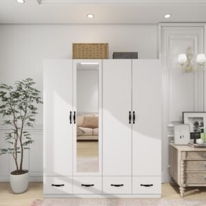 4 door white wooden closet armoire 63" l x 20.3" w x 72.7" h high storage capacity 4 drawers hanging rod 20.3" w x 72.7" h