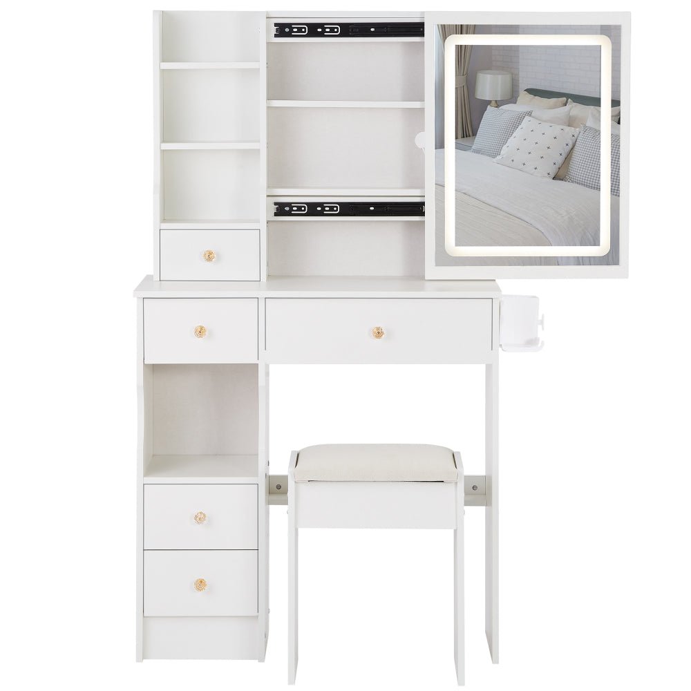 29.2" small size left drawer desktop vanity table + cushioned stool, large sliding, touch control, tri color switching