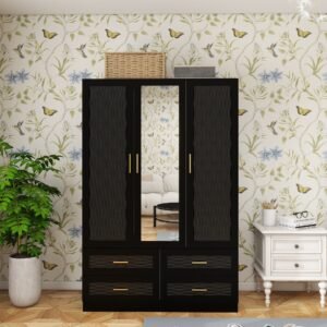 black wooden armoire closet 3 door 4 drawer wardrobe hanging rods shelves large capacity clothes storage cabinet organization