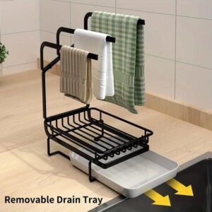 sink caddy sponge holder, stainless steel kitchen sink organizer for dish rag soap brush,dishcloth holder with drain pan