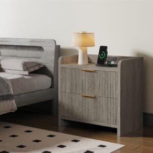 factory direct 2 drawer fluted panel nightstand with built in outlets set of 2 grey