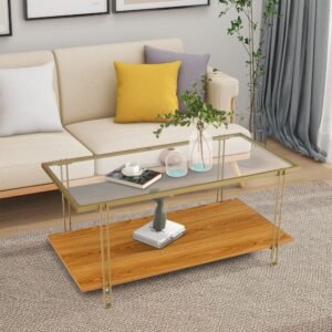 2 tiers rectangle glass coffee table with white and gold steel frame for living room