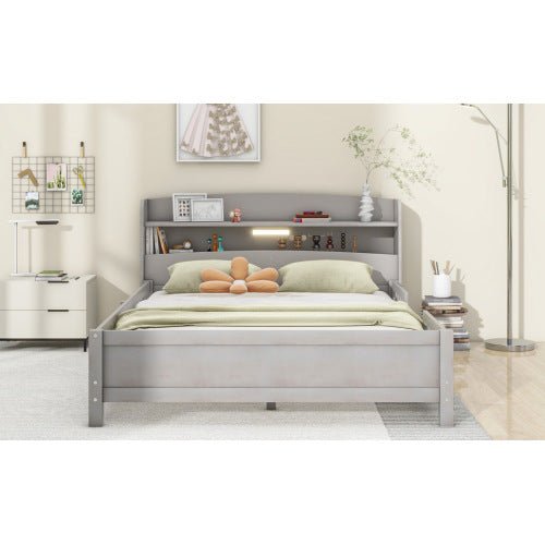 fcj elegant minimalist antigue grey wood full size platform bed tufted design built in led light storage headboard guardrail