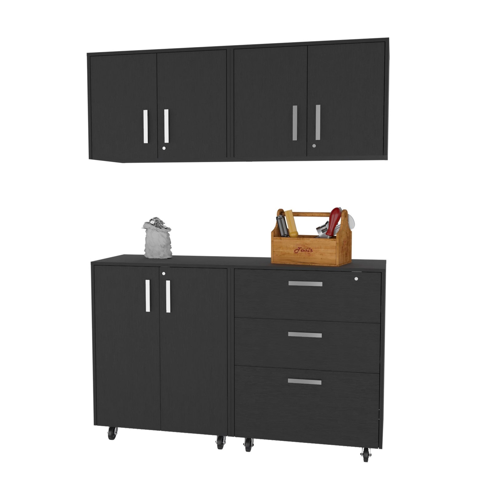 hms 28" black wall mounted accent kitchen cabinet with six shelves and three drawers