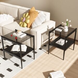 set of 2 modern side table, two layer tempered glass table black and black tube side table for living room